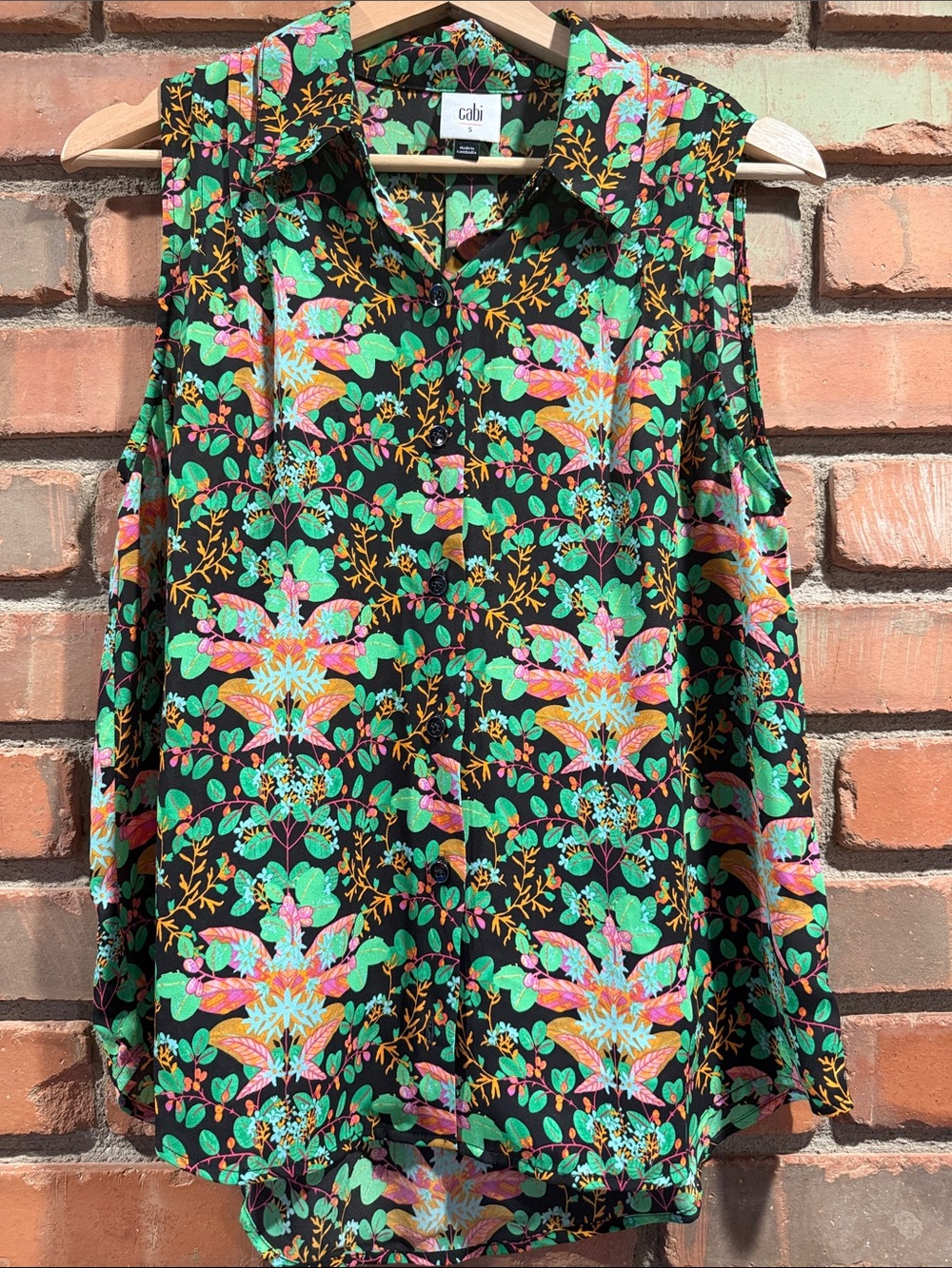 CAbi Sleeveless Floral Button-Down Top in Black, Green & Pink